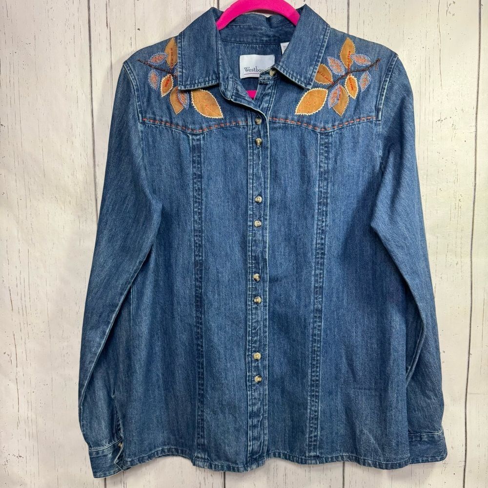 Vintage Westbound Denim Button Down Shirt with Suede Leaf Embroidery Festival